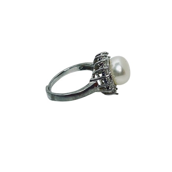 Silver Tone Faux Pearl & Clear Rhinestone Adjustable Statement Ring (R449) - Picture 7 of 9